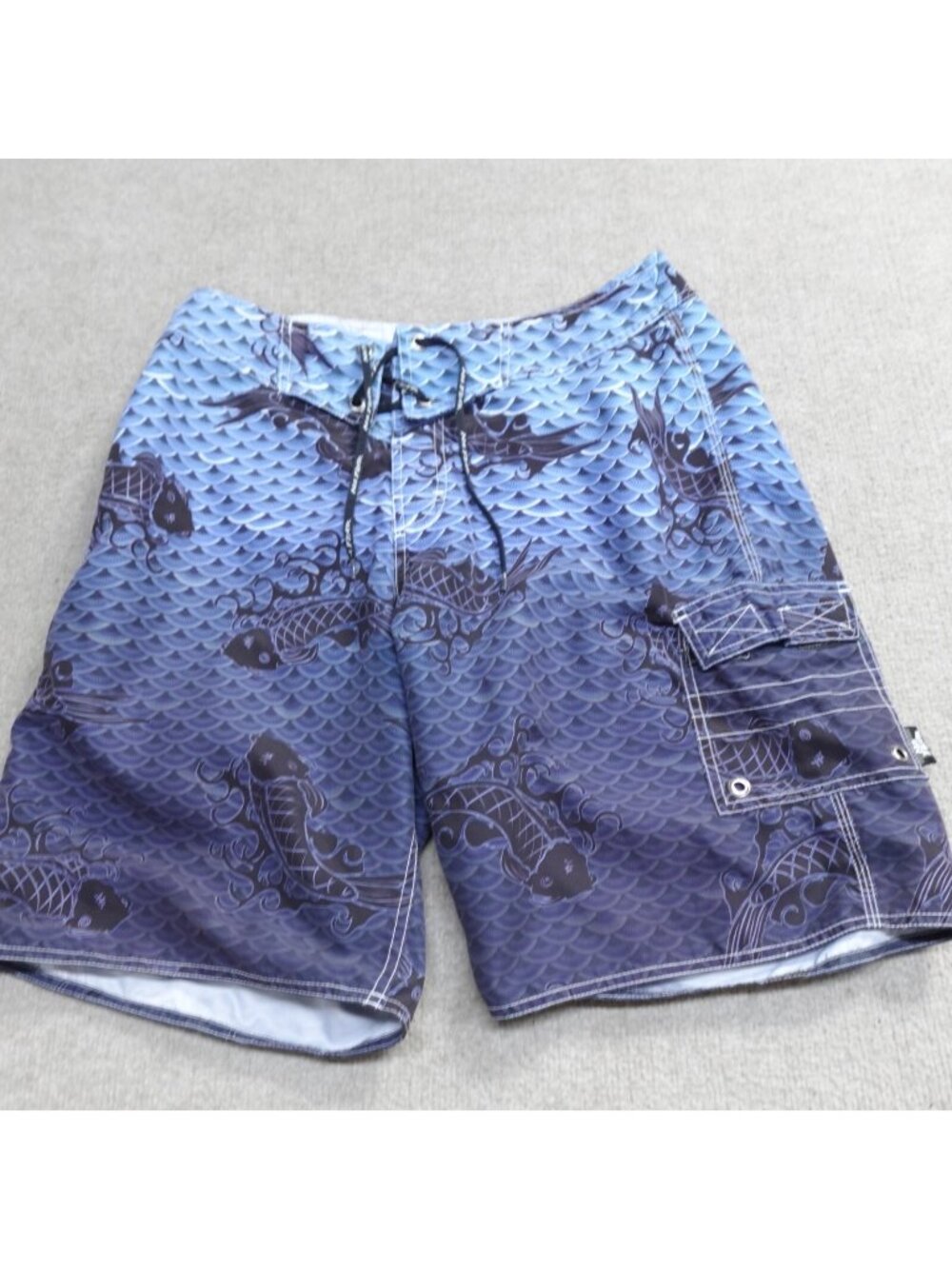 Vintage No Fear Shorts 32 Blue Board Koi Fish All Over Print 9" in Y2K